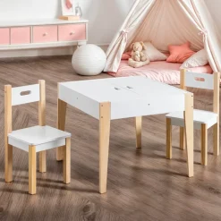 EMINZA Mobili Bambini-Tavolo e 2 sedie per bambini in legno con lavagna (H49,5 cm) Charlie