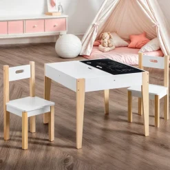 EMINZA Mobili Bambini-Tavolo e 2 sedie per bambini in legno con lavagna (H49,5 cm) Charlie