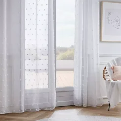 Tenda trasparente con occhielli e pon pon (140 x 240 cm) Emie Bianco
