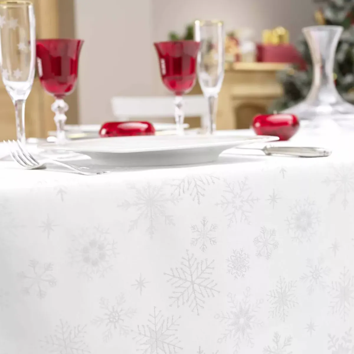 Douceur d interieur Tovaglia E Runner Da Tavolo Per Le Feste-Tovaglia natalizia rettangolare (140 x 300 cm) Fiocco di neve