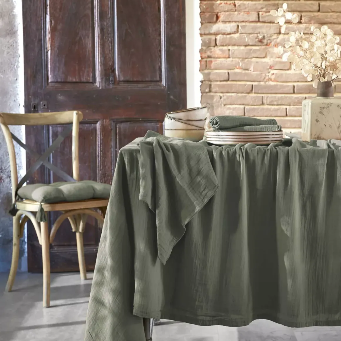 Tovaglia rettangolare garza di cotone (L250 cm) Gaïa Verde rosmarino