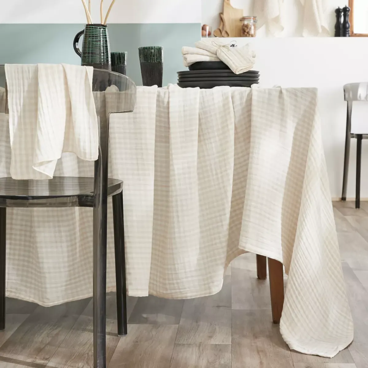 EMINZA Tovaglie-Tovaglia rettangolare in garza di cotone (150 x 250 cm) Gaïa vichy Beige