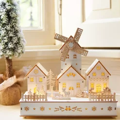 KAEMINGK Villaggio Di Natale In Legno|Oggetti Decorativi E Illuminati-Villaggio di Natale in legno luminoso, musicale e animato a pile (H26 cm) Mulino e borgo