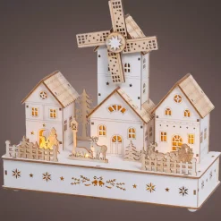 KAEMINGK Villaggio Di Natale In Legno|Oggetti Decorativi E Illuminati-Villaggio di Natale in legno luminoso, musicale e animato a pile (H26 cm) Mulino e borgo