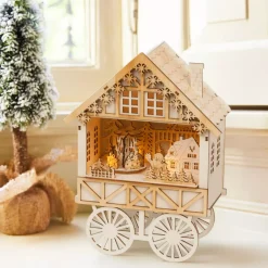 KAEMINGK Villaggio Di Natale In Legno|Oggetti Decorativi E Illuminati-Villaggio di Natale in legno luminoso, musicale e animato a pile (H27 cm) Carro festivo