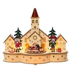 KAEMINGK Villaggio Di Natale In Legno-Villaggio di Natale in legno luminoso e musicale a pile (30 x H24 cm) Chiesa e schiaccianoci