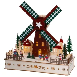 KAEMINGK Villaggio Di Natale In Legno-Villaggio di Natale in legno luminoso, animato e musicale a pile (H29 cm) Mulino a vento