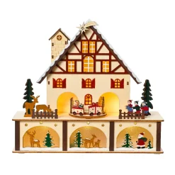 KAEMINGK Villaggio Di Natale In Legno-Villaggio di Natale in legno luminoso e musicale a pile (27 x H24 cm) Chalet Svizzero Colorato